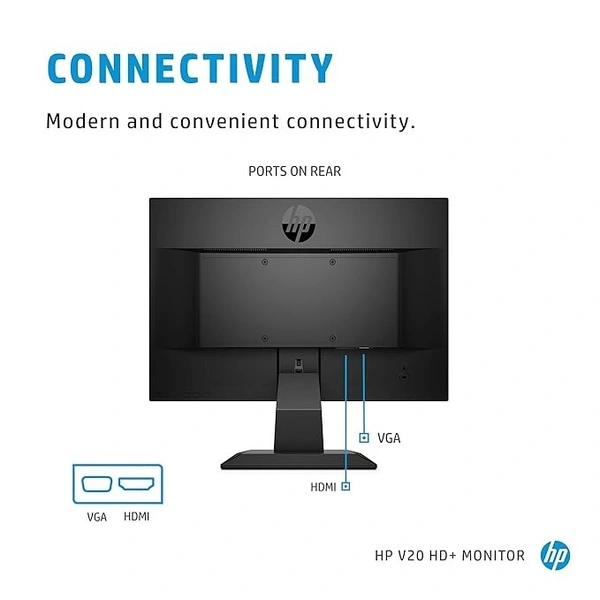SIZE- 20"- HP V20 19.5 inch(49.53 cm) Monitor HD+1600 x 900 Pixels Anti-Glare; Low Blue Light Mode, HDMI; VGA, 5ms Response time,VESA Mount, 2.81kg (1H848AA)