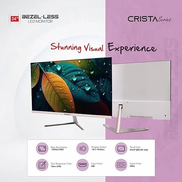 SIZE- 24"- Zebion FHD Led Frameless Monitor Crista Series, IPS Panel, 1920x1080 Pixel with Max Resolution, HDMI, VGA, Wall Mountable, Fast Response Time, 3 Year Warranty (24, 75Hz)