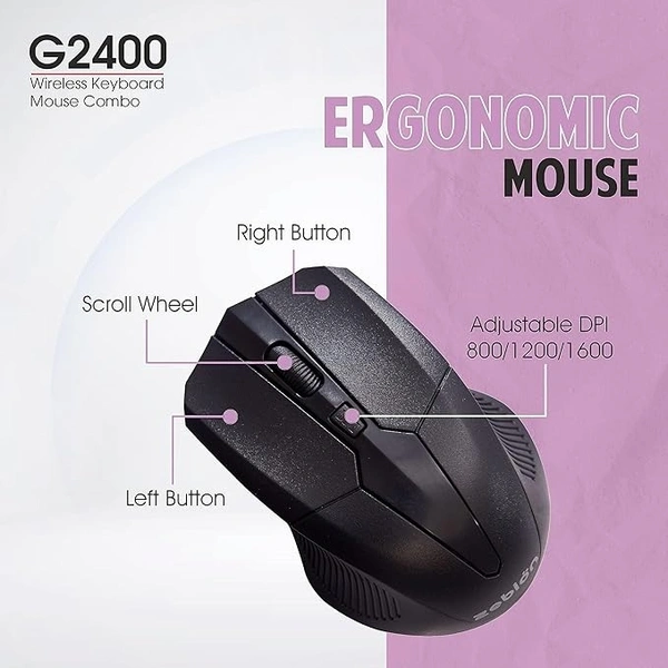 COMBO- WIRELESS- ZEBION G2400 Wireless Keyboard Mouse Combo with Nano Receiver, Tested with Over 1 Billion keystrokes and clicks,Durable Body, Multimedia Keyboard, Adjustable DPI, 1 Year Warranty, Black Color
