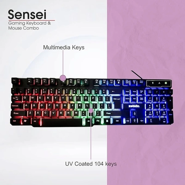 COMBO- WIRED- GAMING- ZEBION Sensei Wired Gaming Keyboard Mouse Combo with RGB Lights, The Backlit Keys are Bright and Sharp, Adjustable DPI with Color Changing RGB Light, Durable Body, 1 Year Warranty