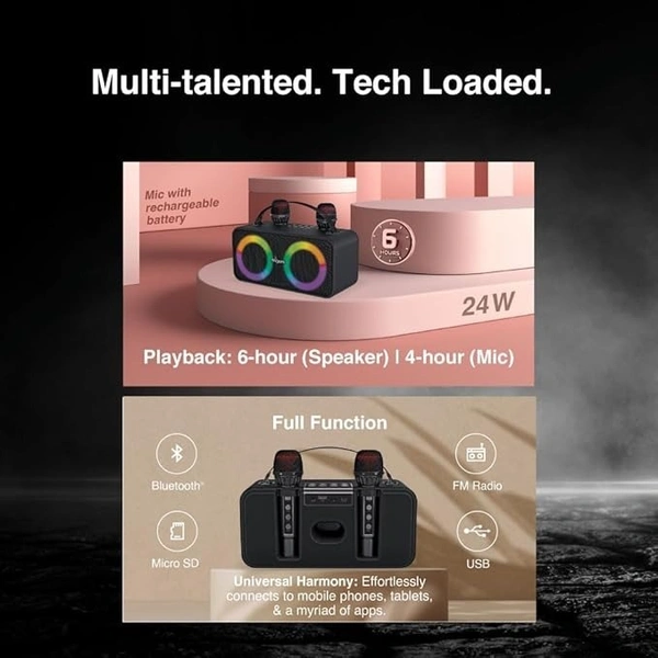 SPEAKERS- FINGERS 2Mic-Karaoke Portable Speaker with 2 Wireless Mics (RGB Lights, 6-Hour Playback, 24 W Intense Bass, Bluetooth® | USB | MicroSD | FM Radio) – Rich Black