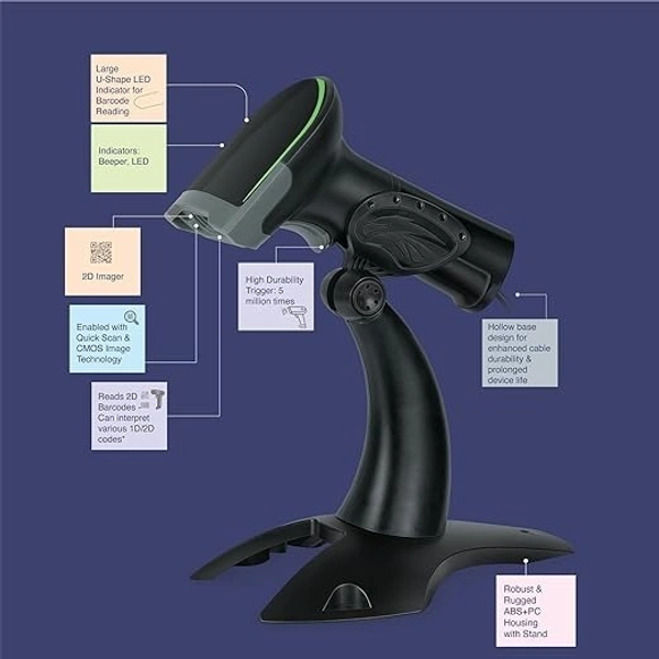 BARCODE SCANNER- WIRED- FINGERS 2D-QuickScan W9 USB Wired Barcode Scanner (Reads 1D/2D codes | Scan Rate: 200 scans/sec | Quick Scan & CMOS Image Technology | Ergonomic Design with U-Shaped LED Indicator)