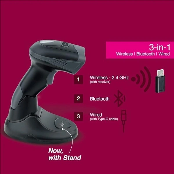 BARCODE SCANNER- WIRELESS- FINGERS 2D-QuickScan WL5 Wireless Barcode Scanner (2D Technology, 3-in-1: Bluetooth | Wireless with 2.4 GHz USB Receiver | Wired with Type-C Cable)