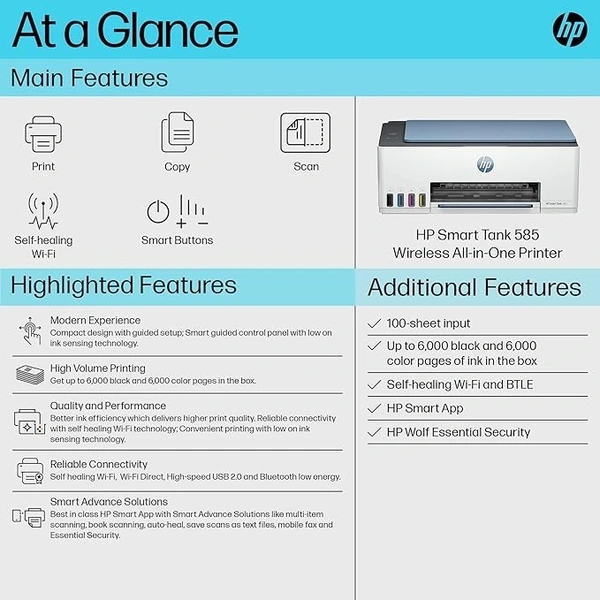 TANK SYSTEM- HP Smart Tank 585 All-in-One WiFi Colour Wireless Home Inkjet Printers(Upto 6000 Black and 6000 Colour Pages Included in The Box). - Print, Scan & Copy for Office/Home