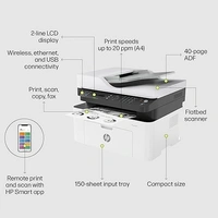 LASERJET- HP Laser MFP 1188Fnw, Wireless, Print, Copy, Scan, Fax, Monochrome Laser Printers, 40-Sheet Adf, Hi-Speed USB 2.0, Ethernet, Up to 21 Ppm, 150-Sheet Input Tray, 100-Sheet Output Tray, Black and White
