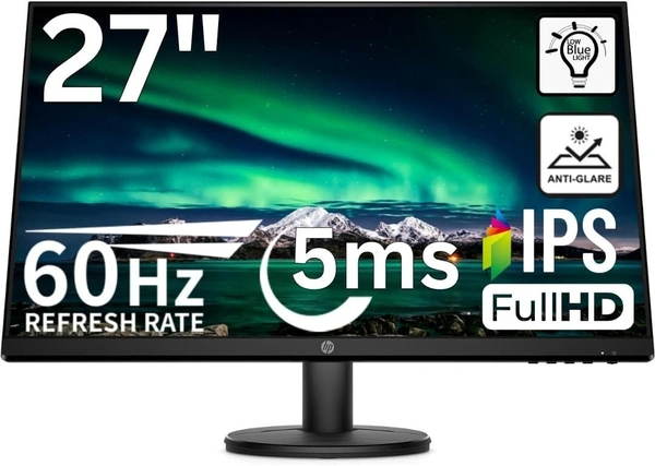 SIZE- 27"- HP V27I G5 Fhd LED Monitor, 27 Inch(68.6 Cm) 3-Sided Micro-Edge Anti-Glare Low Blue Light, Flicker Free, 5 Ms Response Time, Isp Panel(Black)