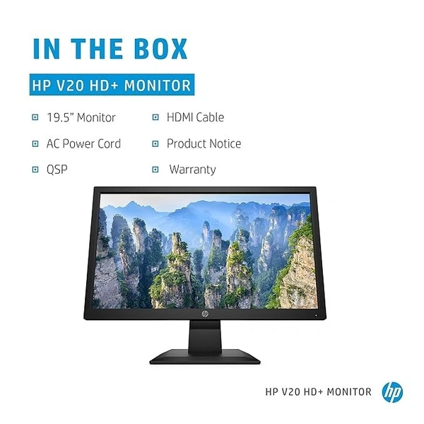 SIZE- 20"- HP V20 19.5 inch(49.53 cm) Monitor HD+1600 x 900 Pixels Anti-Glare; Low Blue Light Mode, HDMI; VGA, 5ms Response time,VESA Mount, 2.81kg (1H848AA)