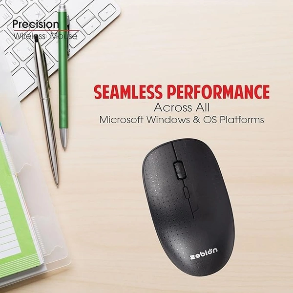 MOUSE- WIRELESS- Zebion Precision 4G Wireless Mouse, USB Nano Receiver, Adjustable DPI 800/1000/1600, Automatic Sleep State, Transmission rang Upto 10M, Required for 2 AAA Batteries, Silent Switch, Black Color