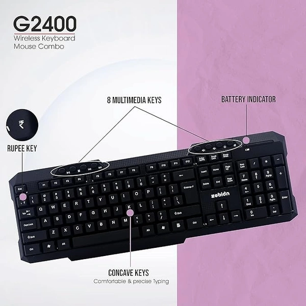 COMBO- WIRELESS- ZEBION G2400 Wireless Keyboard Mouse Combo with Nano Receiver, Tested with Over 1 Billion keystrokes and clicks,Durable Body, Multimedia Keyboard, Adjustable DPI, 1 Year Warranty, Black Color