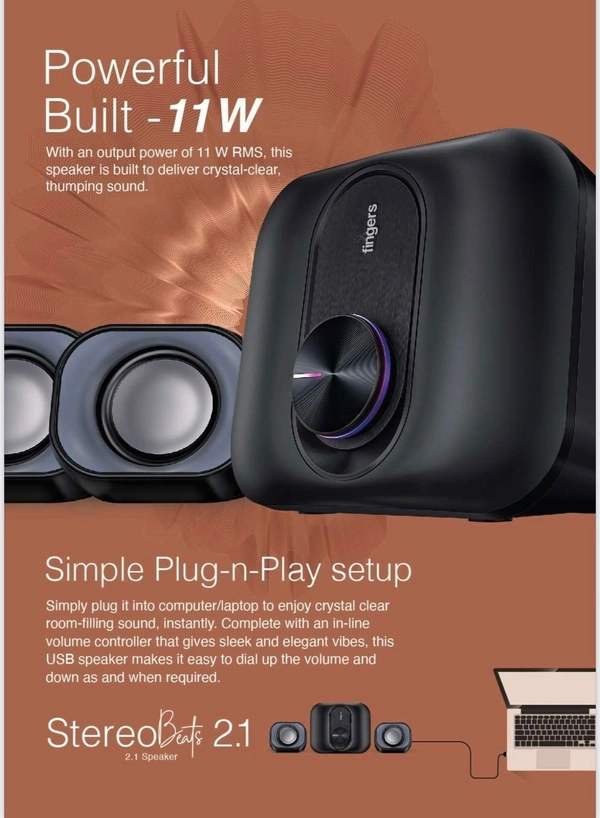 SPEAKERS- FINGERS StereoBeats 2.1 Channel Multimedia Wired Speaker (USB Powered with 3.5 mm stereo input | Powerful 11 Watts | for Computer PCs & Laptops) - Rich Black