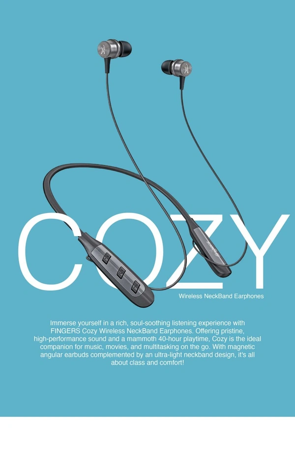 NECKBANDS- FINGERS Cozy Wireless in-Ear Bluetooth Neckband Earphones with 40-Hour Playtime, Magnetic Earbuds, 10 mm Drivers, Type-C Fast Charging, Dual Pairing, Made in India (Classic Black + Dark Silver)