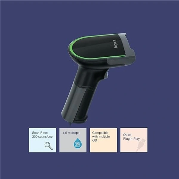 BARCODE SCANNER- WIRED- FINGERS 2D-QuickScan W9 USB Wired Barcode Scanner (Reads 1D/2D codes | Scan Rate: 200 scans/sec | Quick Scan & CMOS Image Technology | Ergonomic Design with U-Shaped LED Indicator)