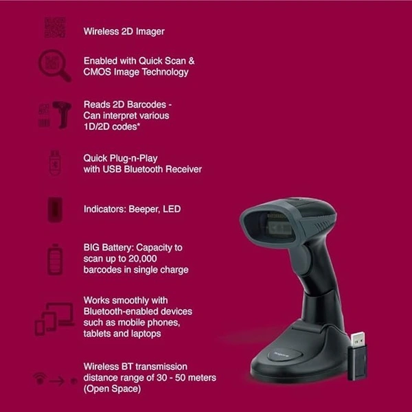 BARCODE SCANNER- WIRELESS- FINGERS 2D-QuickScan WL5 Wireless Barcode Scanner (2D Technology, 3-in-1: Bluetooth | Wireless with 2.4 GHz USB Receiver | Wired with Type-C Cable)