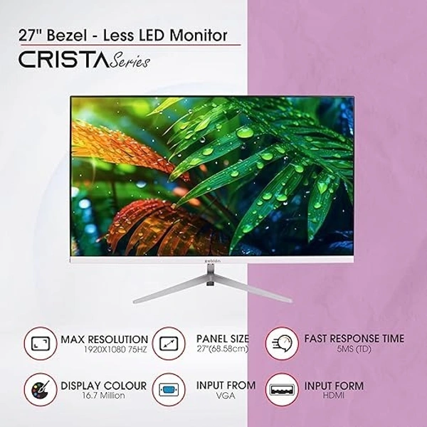 SIZE- 27"- Zebion FHD Led Frameless Monitor Crista Series, IPS Panel, in-Built Speaker, 1920x1080 Pixel with Max Resolution, HDMI, VGA, Wall Mountable, Fast Response Time, 3 Year Warranty (27-inch, 75Hz)