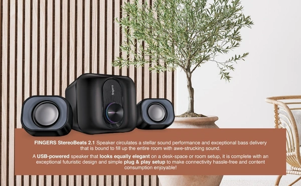 SPEAKERS- FINGERS StereoBeats 2.1 Channel Multimedia Wired Speaker (USB Powered with 3.5 mm stereo input | Powerful 11 Watts | for Computer PCs & Laptops) - Rich Black
