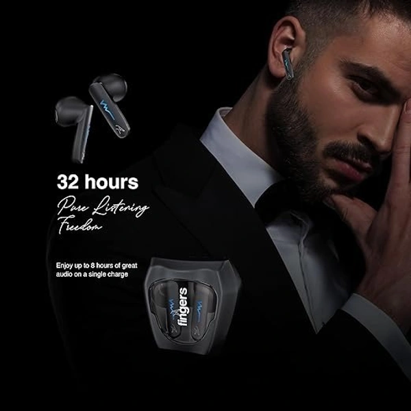 EARBUDS- FINGERS Tuxedo TWS Earbuds with 32-Hour Playtime, Fast Charging, 13mm Neodymium Drivers, Surround Noise Cancellation (SNC Technology) Built-in Mic, IPX4 Sweat Resistant, Voice Assistant (Luxe Black)