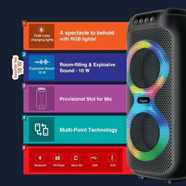 SPEAKERS- FINGERS Swag5 Bluetooth Portable Speaker (with RGB lights, 10 W Deep Bass, FM, USB, MicroSD, AUX, Mic in (6.35 mm), Multi-point Technology, Provisional Slot for Wired/Wireless Mic)