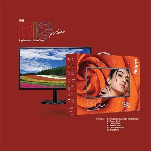 SIZE- 19"- FINGERS Satin-1850 LED Monitor (18.5”) with 1366 x 768 FHD Resolution, Ultra-Slim Design, VGA + HDMI Output, Wall mountable, 75 Hz Refresh Rate, 250 nits Brightness