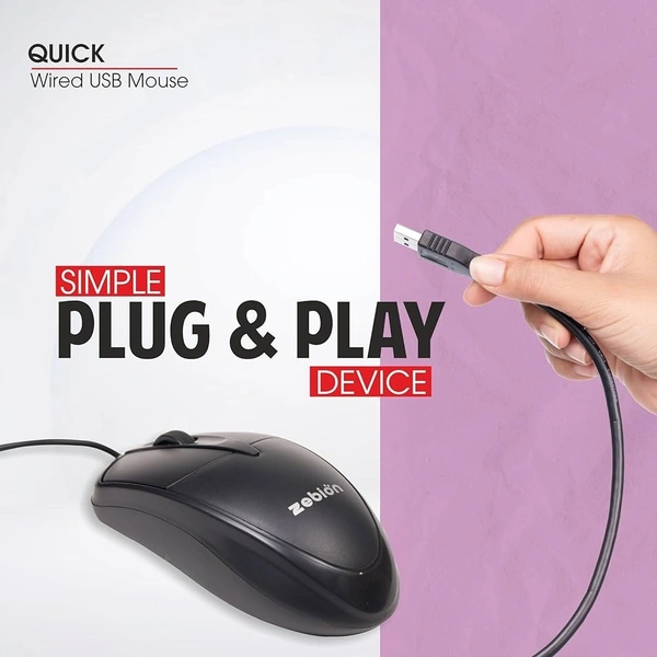  SKU-0170/ MOUSE- USB WIRED- Zebion Quick Wired Mouse with DPI 1000, Ergonomic Design with Comfortable Feel, Ergonomic Design, Latest Optical Technology, 1 Year Warranty, Black Color