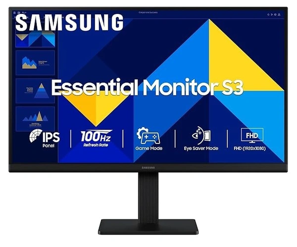 SKU-0554/ SIZE- 27" - Samsung 27" (68.6 cm) S3 Flat Monitor|Super Slim Borderless Design|IPS Panel|FHD 1920 x 1080|100 Hz|5 ms|Ports-HDMI,VGA|Game Mode||Eye Saver Mode||Wall Mountable|LS27D300GAWXXL|Black