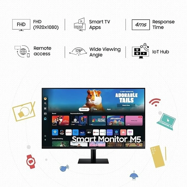 SKU-0557/ SIZE- 27" -Samsung 27" (68.6cm) M5 Smart Monitor with Smart TV Experience|FHD 1920 x 1080|Bezeless|OTT Apps|IoT Hub|Office 365|Workout Tracker|Speakers|Remote|Wi-Fi|Bluetooth|LS27DM500EWXXL|Black