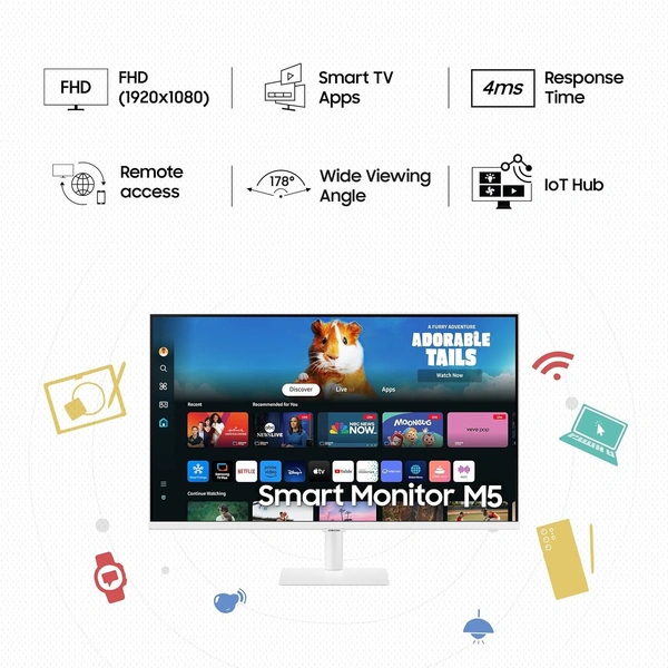 SKU-0561/ SIZE- 32" -Samsung 32" (80cm) M5 Smart Monitor with Smart TV Experience|FHD 1920 x 1080|Bezeless|OTT Apps|IoT Hub|Office 365|Workout Tracker|Speakers|Remote|Wi-Fi|Bluetooth|LS32DM501EWXXL|White