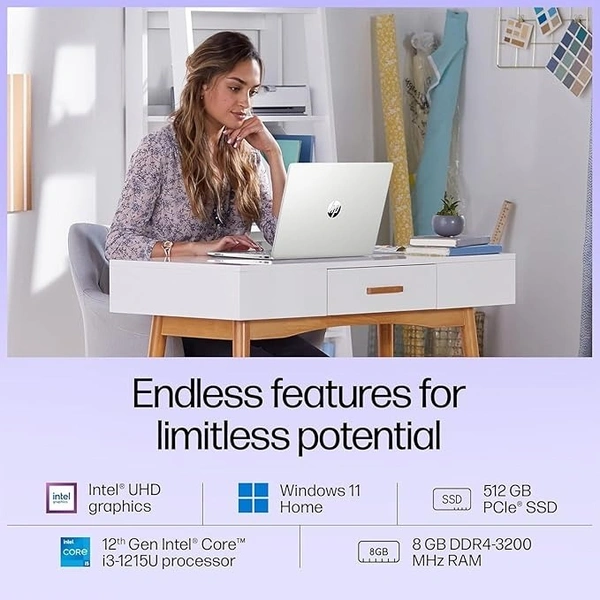CORE I3- 12TH GEN- HP 15S-  FQ5326TU Intel Core i3-1215U,15.6 inch(39.6 cm),FHD,Anti-Glare,8 GB DDR4,512 GB SSD,Windows 11,MSO,Dual Speakers,1.69 kg,Natural Silver,
