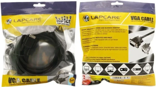 VGA CABLE- 5 MTR- LAPCARE- Lapcare Premium VGA Cable, 15Pin Male to Male (5 M)-Black- 1 Year Warrenty