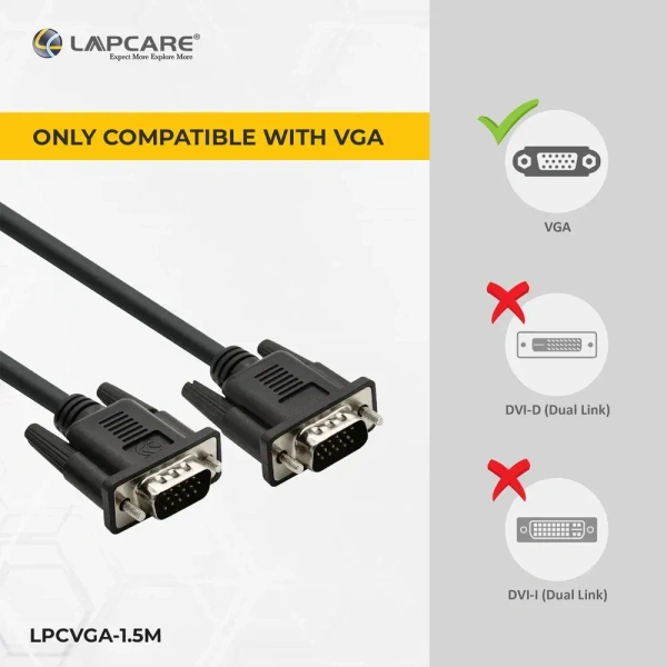 VGA CABLE- 5 MTR- LAPCARE- Lapcare Premium VGA Cable, 15Pin Male to Male (5 M)-Black- 1 Year Warrenty