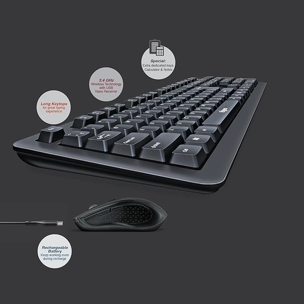 COMBO- WIRELESS- FINGERS Duo-Recharge Wireless Deskset (Mouse + Keyboard) Combo (Rechargeable Batteries with 25-Day worktime, 2.4 GHz Technology with USB Nano Receiver, Windows, macOS, Linux & Chrome OS Compatible)