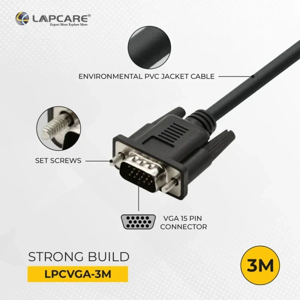 VGA CABLE- 1.5MTR- LAPCARE- Lapcare Premium VGA Cable, 15Pin Male to Male (1.5M)-Black- 1 Year Warrenty