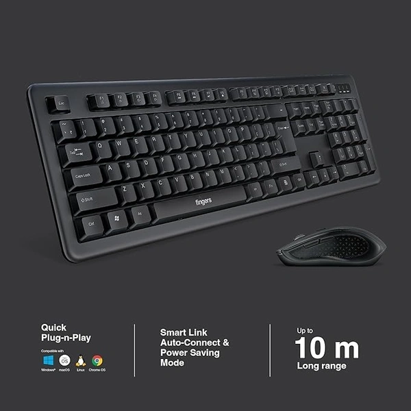 COMBO- WIRELESS- FINGERS Duo-Recharge Wireless Deskset (Mouse + Keyboard) Combo (Rechargeable Batteries with 25-Day worktime, 2.4 GHz Technology with USB Nano Receiver, Windows, macOS, Linux & Chrome OS Compatible)