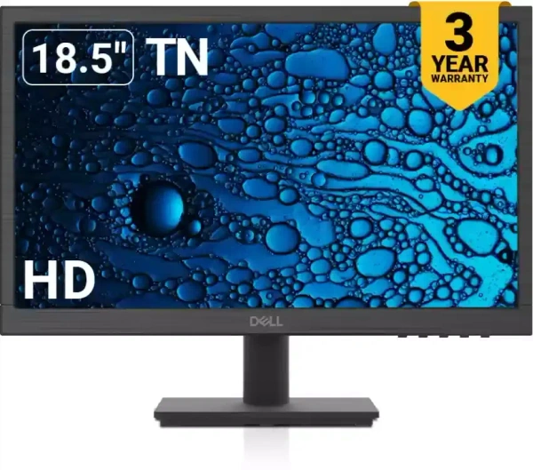 SIZE- 19"- Dell D1918H 18.5" (46 cm) HD Monitor 1366X768 Pixels@60Hz, TN Panel, 3Yrs Warranty, Brightness 200 cd/m², Contrast Ratio 600:1, 16.7m Colours, Colour Gamut 72% NTSC(CIE 1931), HDMI & VGA, Tilt Adjust