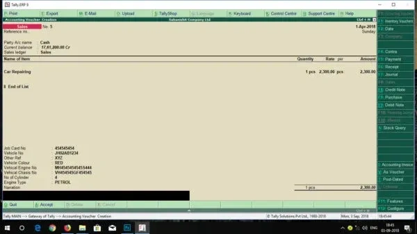Automobile Service Invoice in Tally - Single User & Multi User - Both