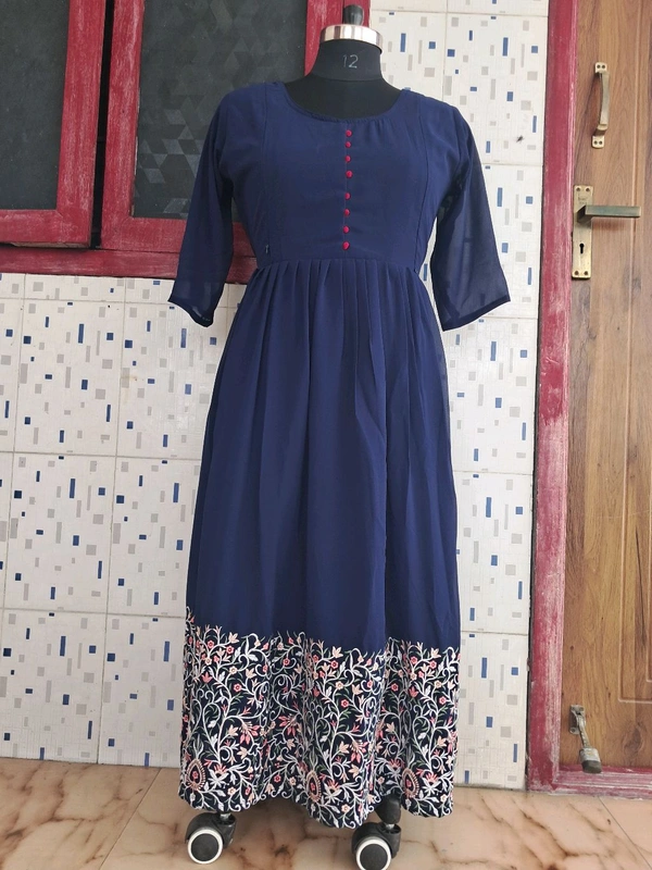 Blue Lotus-Georgette Feeding Kurti - Dark Blue, L