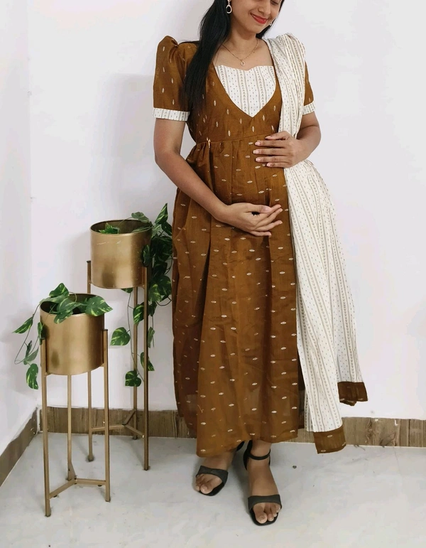 Caramel-Silk Feeding Kurti With Shawl - Brown, M