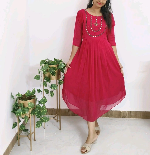 Pink-Party Wear Maternity Kurti - Brick Red, Xxl