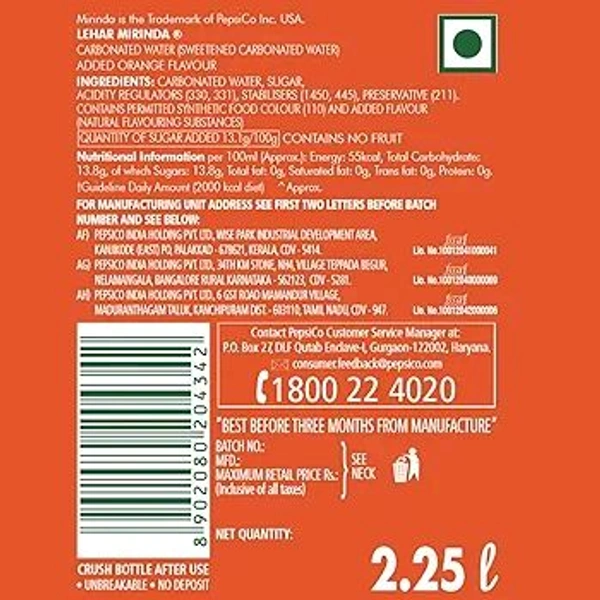 Mirinda - Orange Flavour Soft Drink, 2.25L Bottle