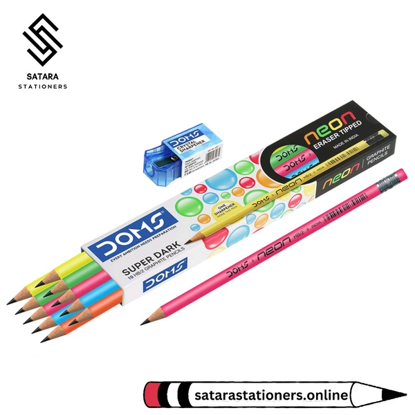 DOMS Neon Rubber Tipped HB/2 Graphite Pencils Box Pack |