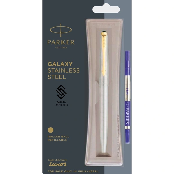 Galaxy Stainless Steel Roller Ball Pen With Gold Trim
