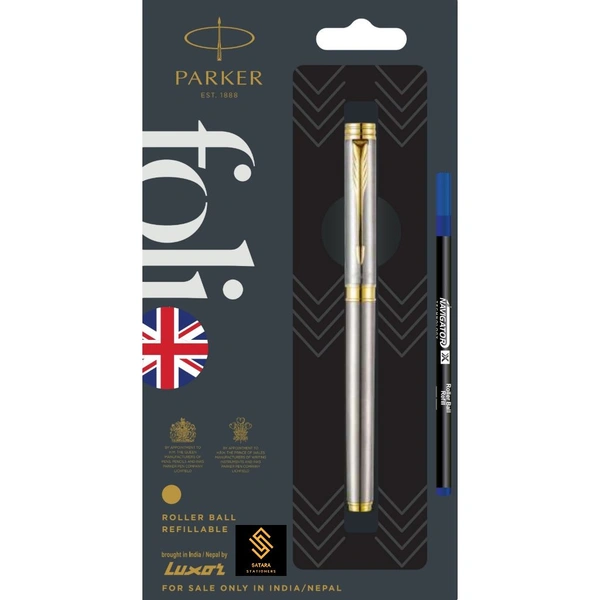Folio Stainless Steel Roller Ball Pen With Gold Trim 