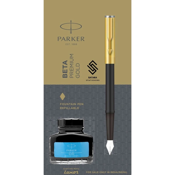 Beta Premium Gold Fountain Pen With Gold Trim + Ink Bottle 