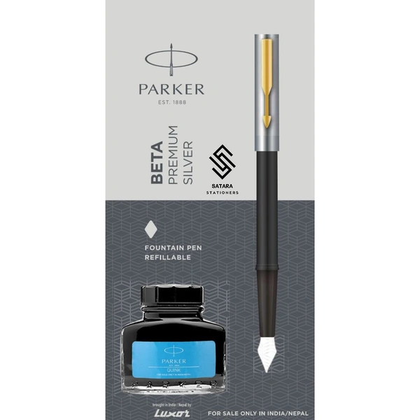 Beta Premium Silver Fountain Pen With Gold Trim + Ink Bottle 