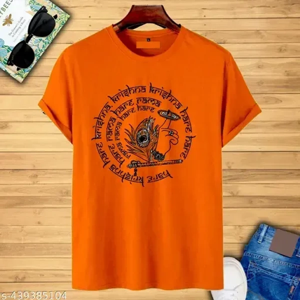 HARE KRISHNA PRINTED T SHIRT ORANGE HALF SLEEVE T SHIRT FOR MEN - M