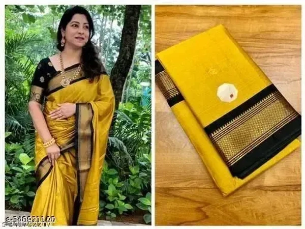 Traditional Design Paithani Sico Silk Saree with running blouse piece ( Gold & Black ) - Free Size