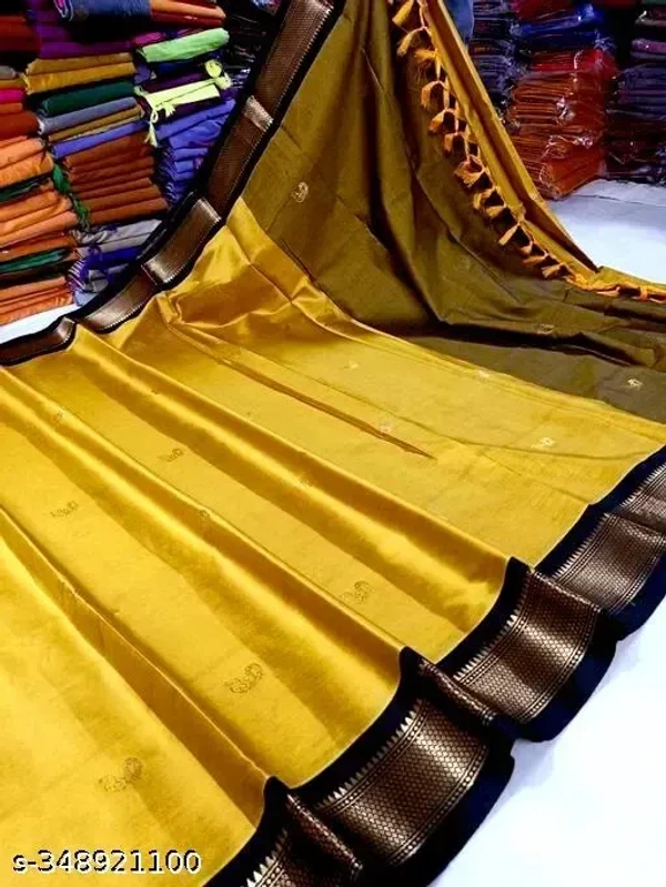 Traditional Design Paithani Sico Silk Saree with running blouse piece ( Gold & Black ) - Free Size