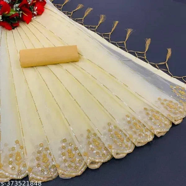Floral Embroidered Sequence Organza Saree With Tassels and Latkans