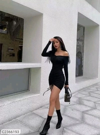 Women's Lyra Off Shoulder Bodycon Drawstring Short Dress
 - Black, XS