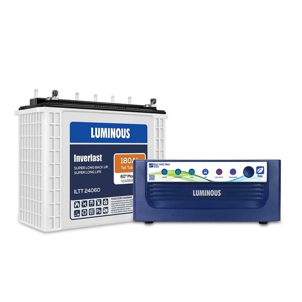 Luminous Inverter & Battery Combo for Home, Office & Shops ( Eco Volt Neo 1050 Square Wave Inverter, Inverlast ILTT 24060 180 Ah Tall Tubular Battery) - Kathua Hiranagar Jatwal, Credit & Debit Card Accepted
