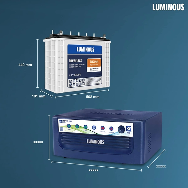 Luminous Inverter & Battery Combo for Home, Office & Shops ( Eco Volt Neo 1050 Square Wave Inverter, Inverlast ILTT 24060 180 Ah Tall Tubular Battery) - Kathua Hiranagar Jatwal, Credit & Debit Card Accepted